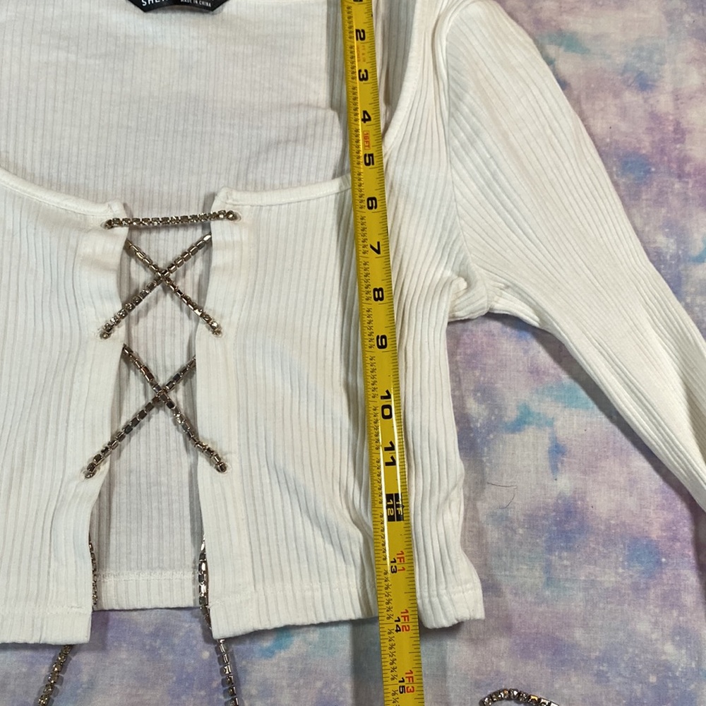 Shein • Ribbed Rhinestone Laced Cropped Sweater - Picture 6 of 10